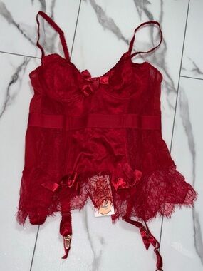 Bettie Page Red Lace Bustier Camisole with Garter Straps